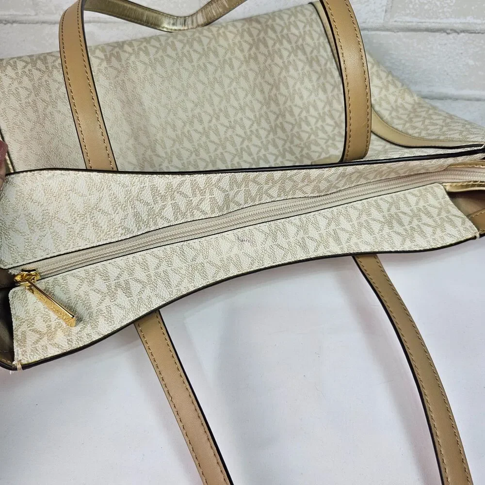 Michael Kors Gold Vanilla MK Signature Tote Shoulder Bag Large Shopper